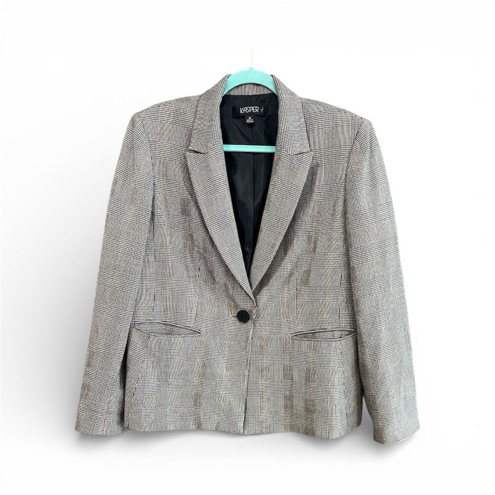 Classic Professional Gray Plaid Blazer One Button Tailored Career Jacket Size 14